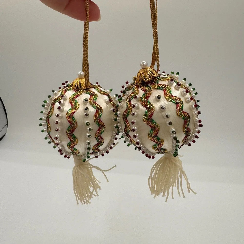 Vintage Handmade Satin Push Pin Christmas Ornaments Cream Gold Tassel Pair 2pc